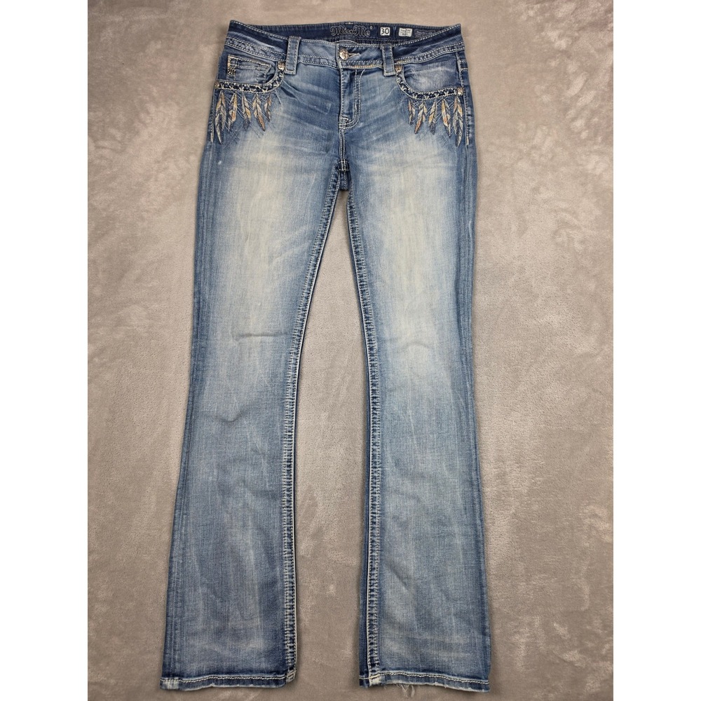 Miss Me Bootcut Jeans Womens 30x33 Blue Feather Embroidery Signature Boot Y2K